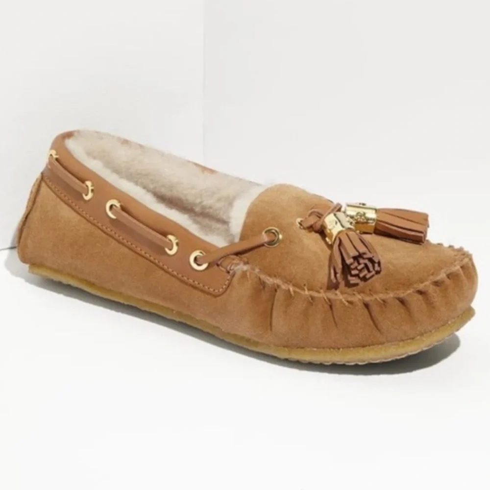 Tory Burch Dee Dee Suede & Shearling Moccasin Slippers in Chestnut Brown